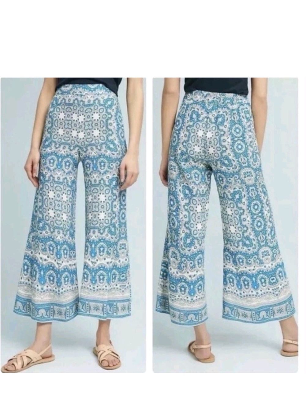 Anthropologie Blue and White Medallion Wide-Leg Pants